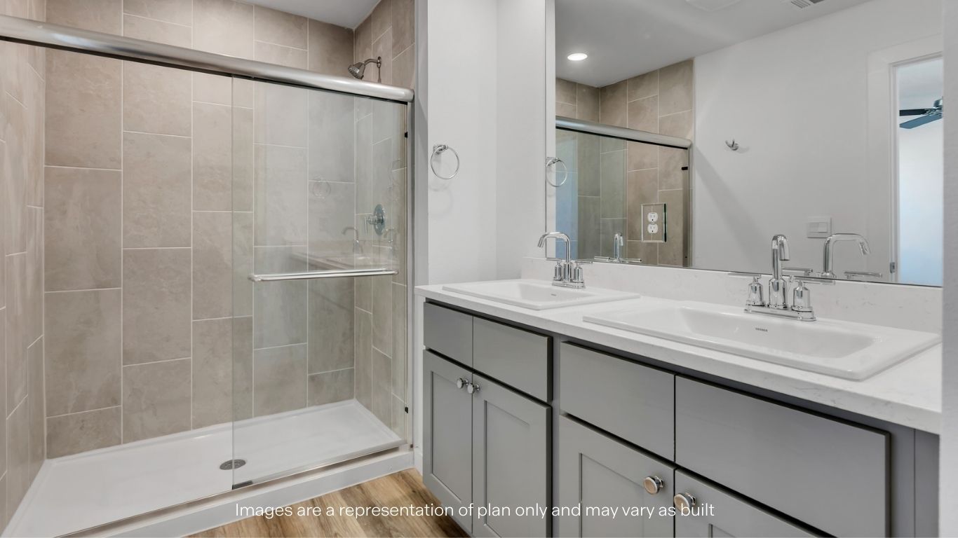 Private attached primary bathroom with built in vanity and luxurious shower