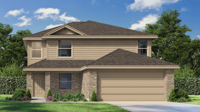 Two story home with brick, covered patio and two car garage