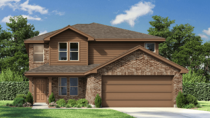 Two story home with brick, covered patio and two car garage