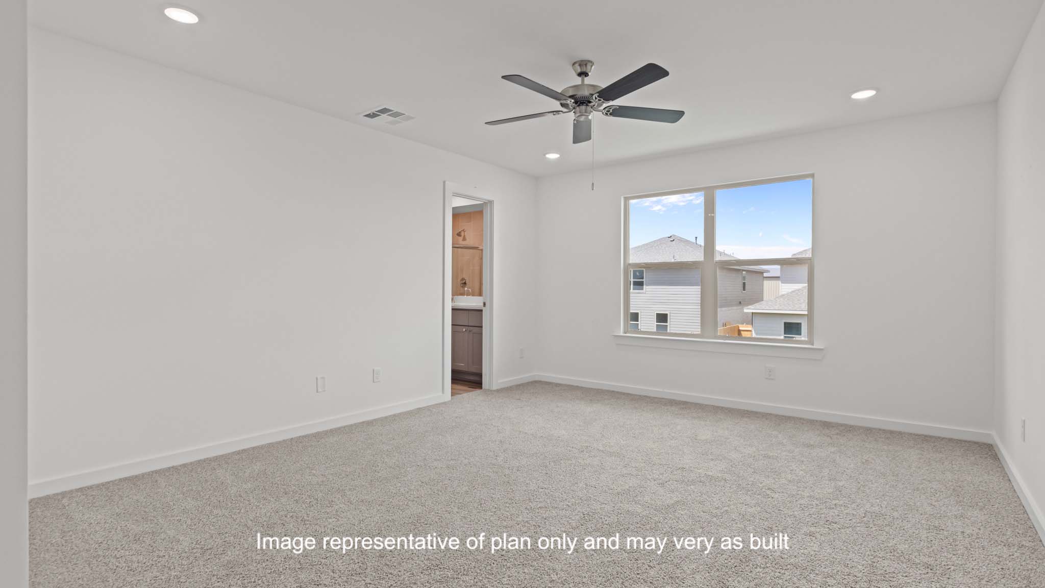 Upstairs Primary bedroom with plush carpet floors and light allowing double windows