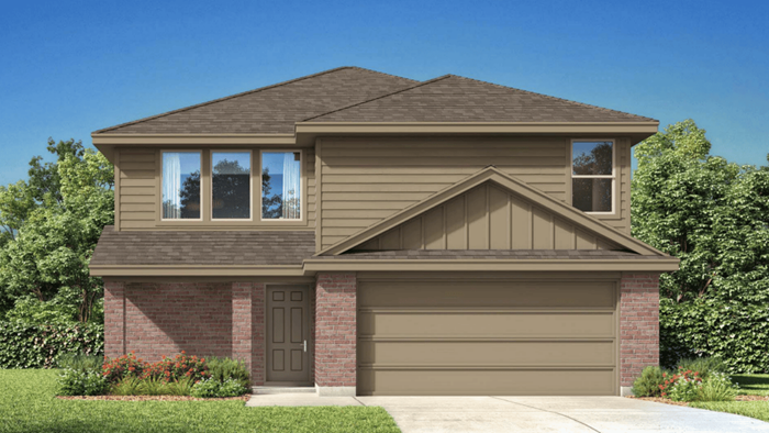Two-story homewith brick and siding, two car garage and covered patio