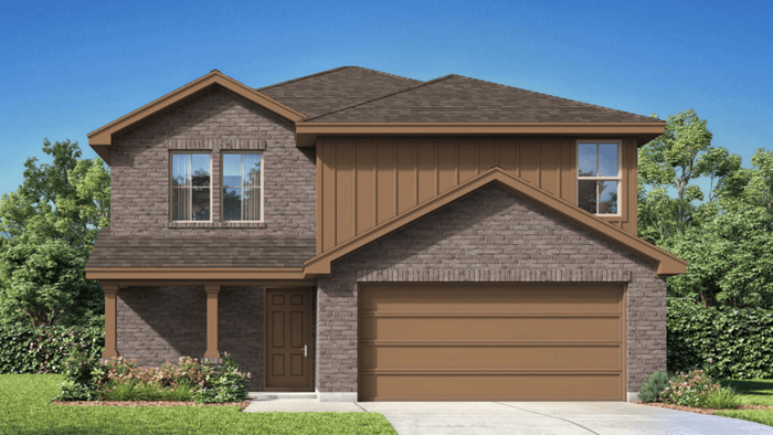 Two-story homewith brick and siding, two car garage and covered patio