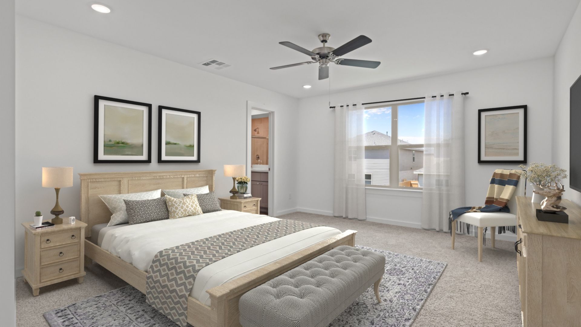 Primary bedroom with light allowing double windows and private attached bathroom