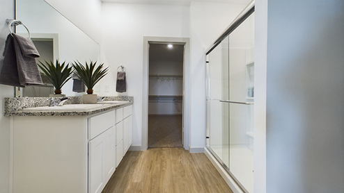 primary bathroom with dual sink, vanity, attached closet and walk-in shower