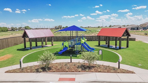Overlook West playground and green space center with covered areas for shade