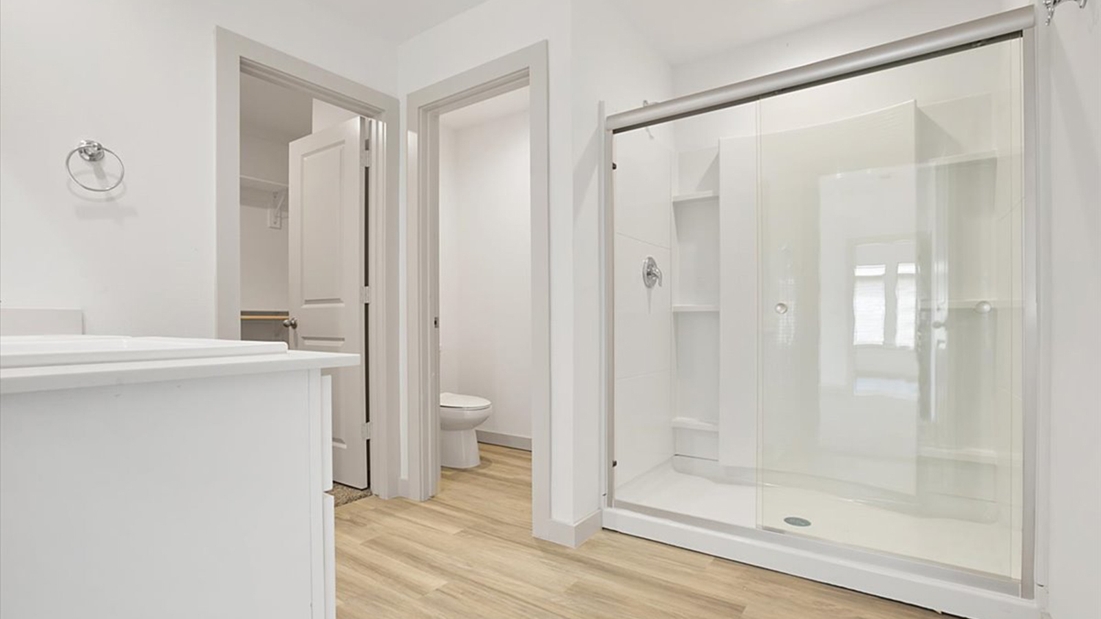 Primary bathroom with built in vanity and luxurious shower