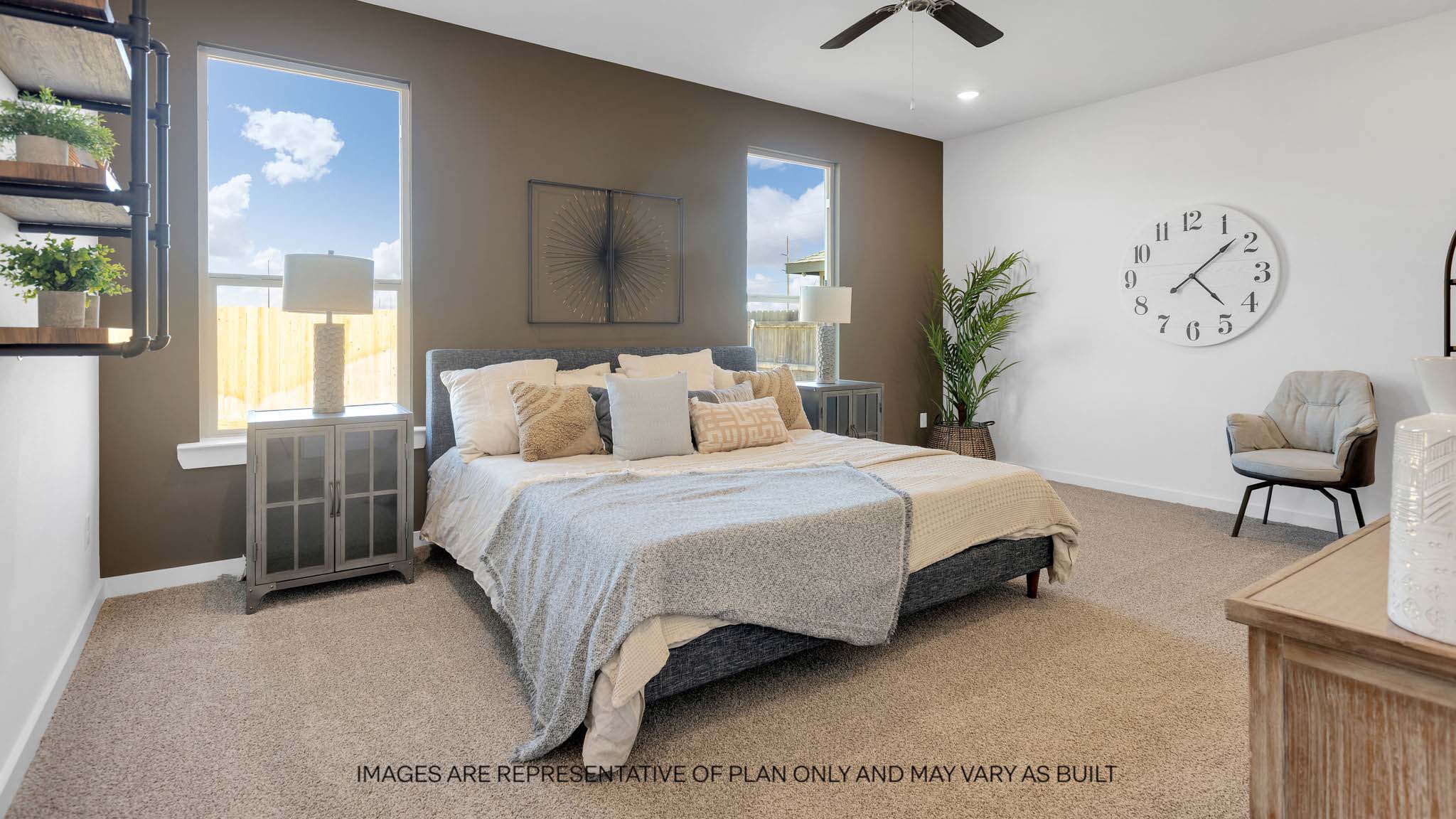 Primary bedroom with plush carpet floors and light allowing double windows
