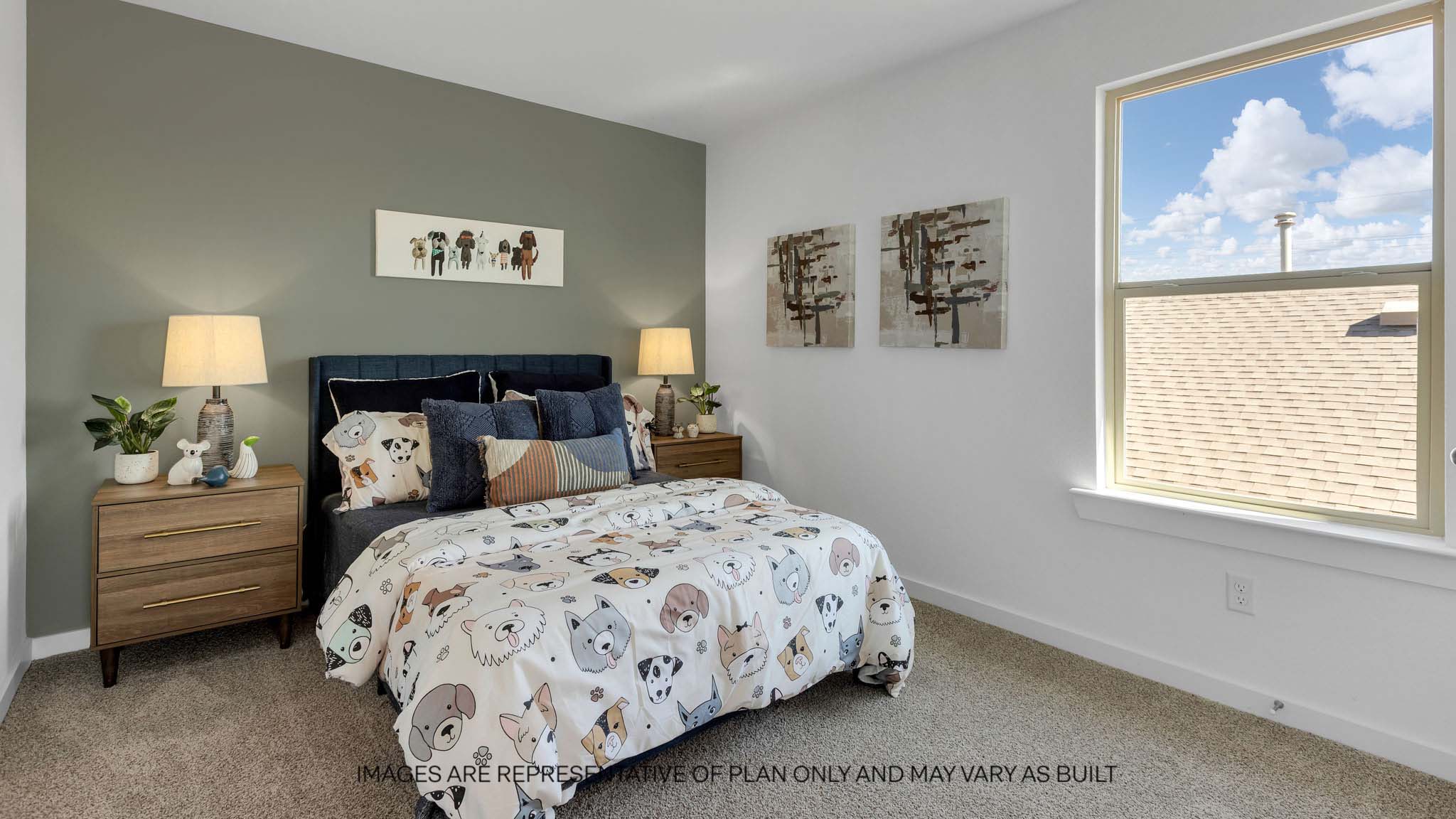 Upstairs guest bedroom with plush carpeted floors and ample natural light