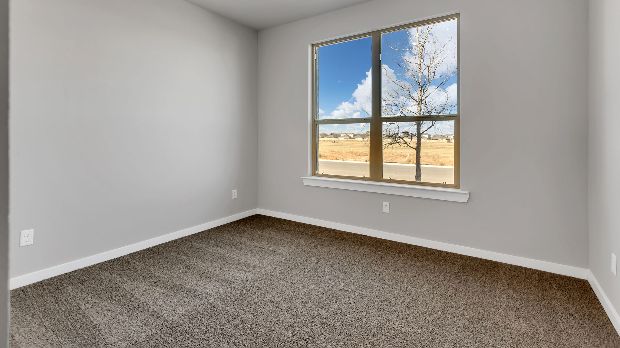 Bedroom 1 with front windows and plush carpet floors