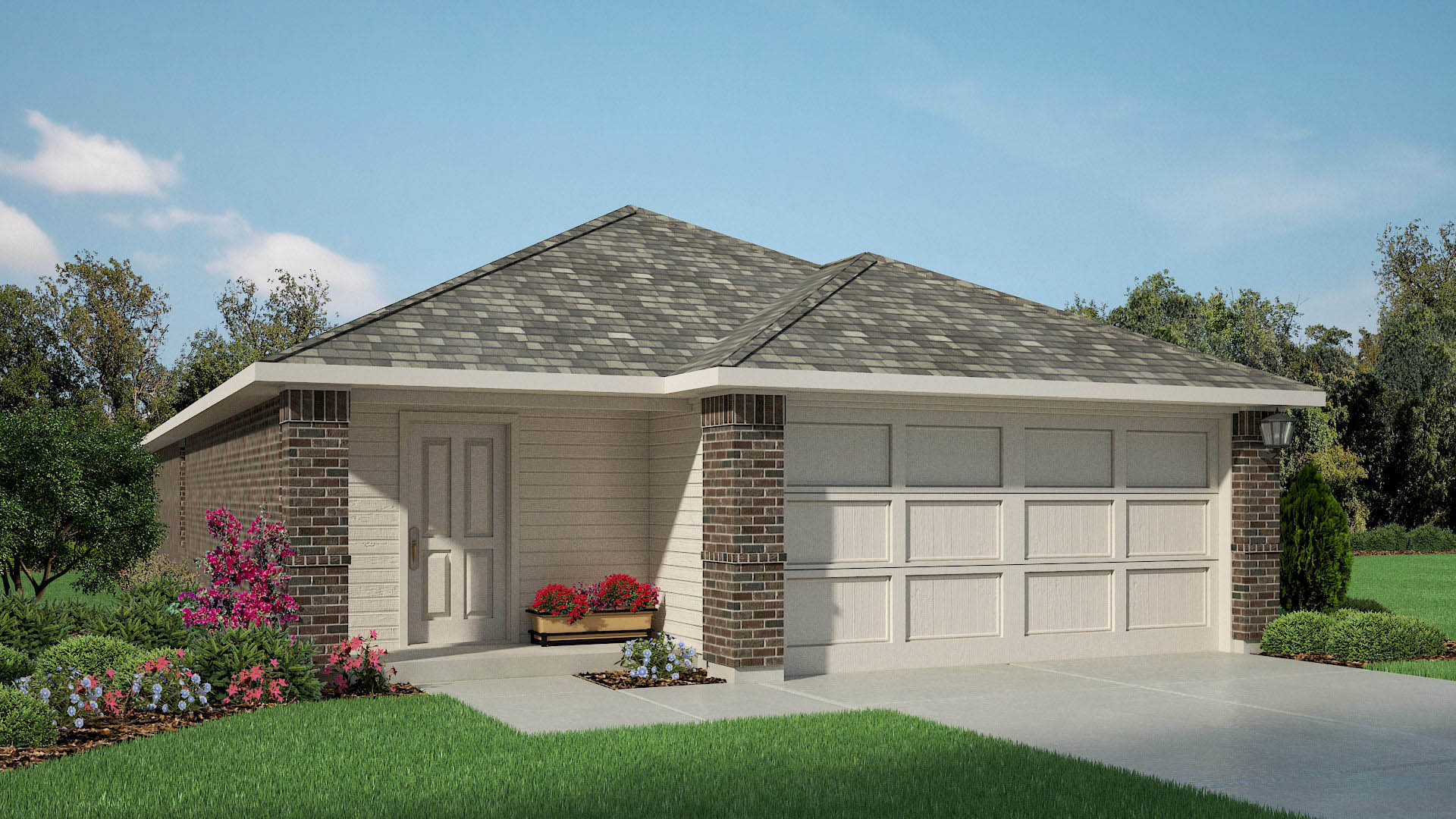 Exterior rendering of single story modern brick style home