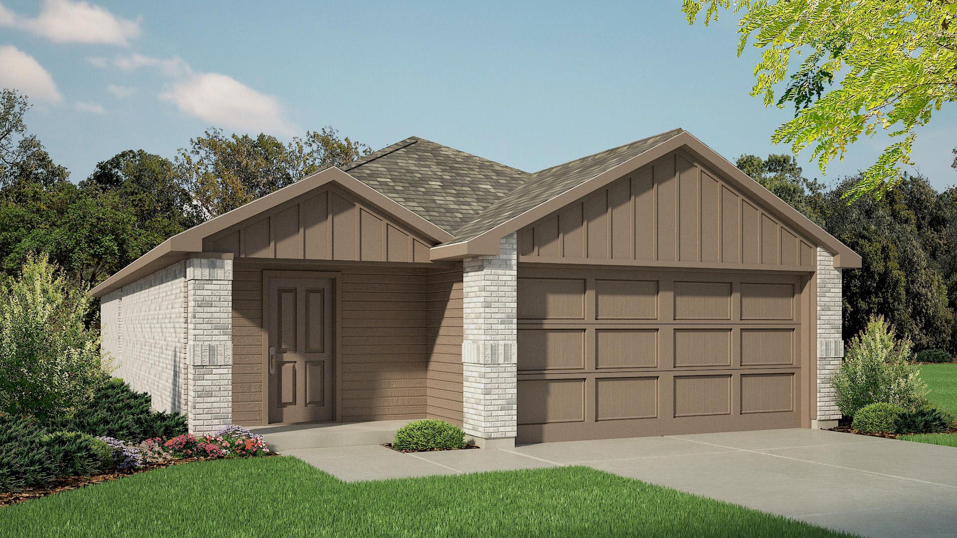 Exterior of single story modern brick style home