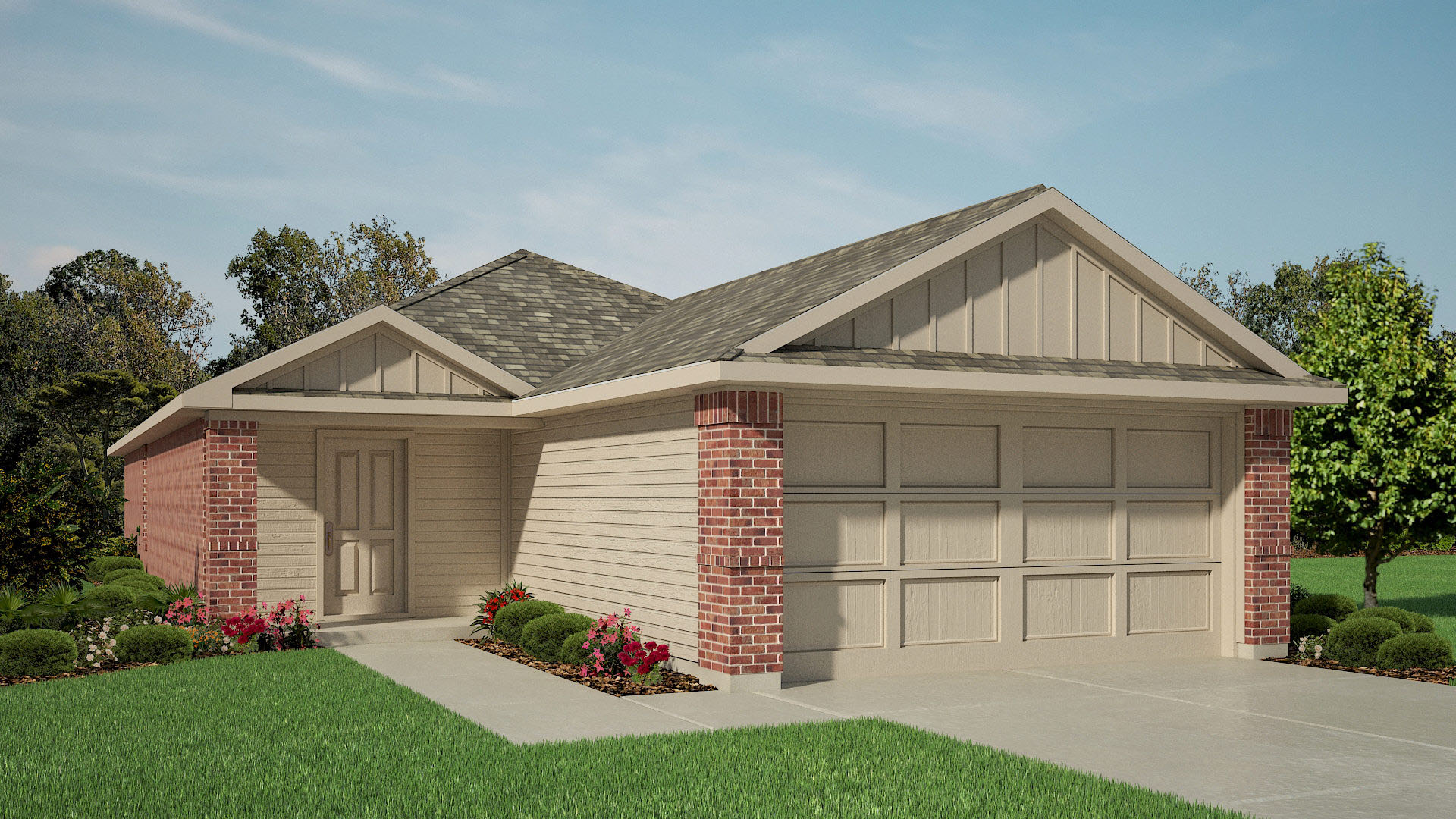Exterior rendering of single story modern brick style home in wolfforth texas