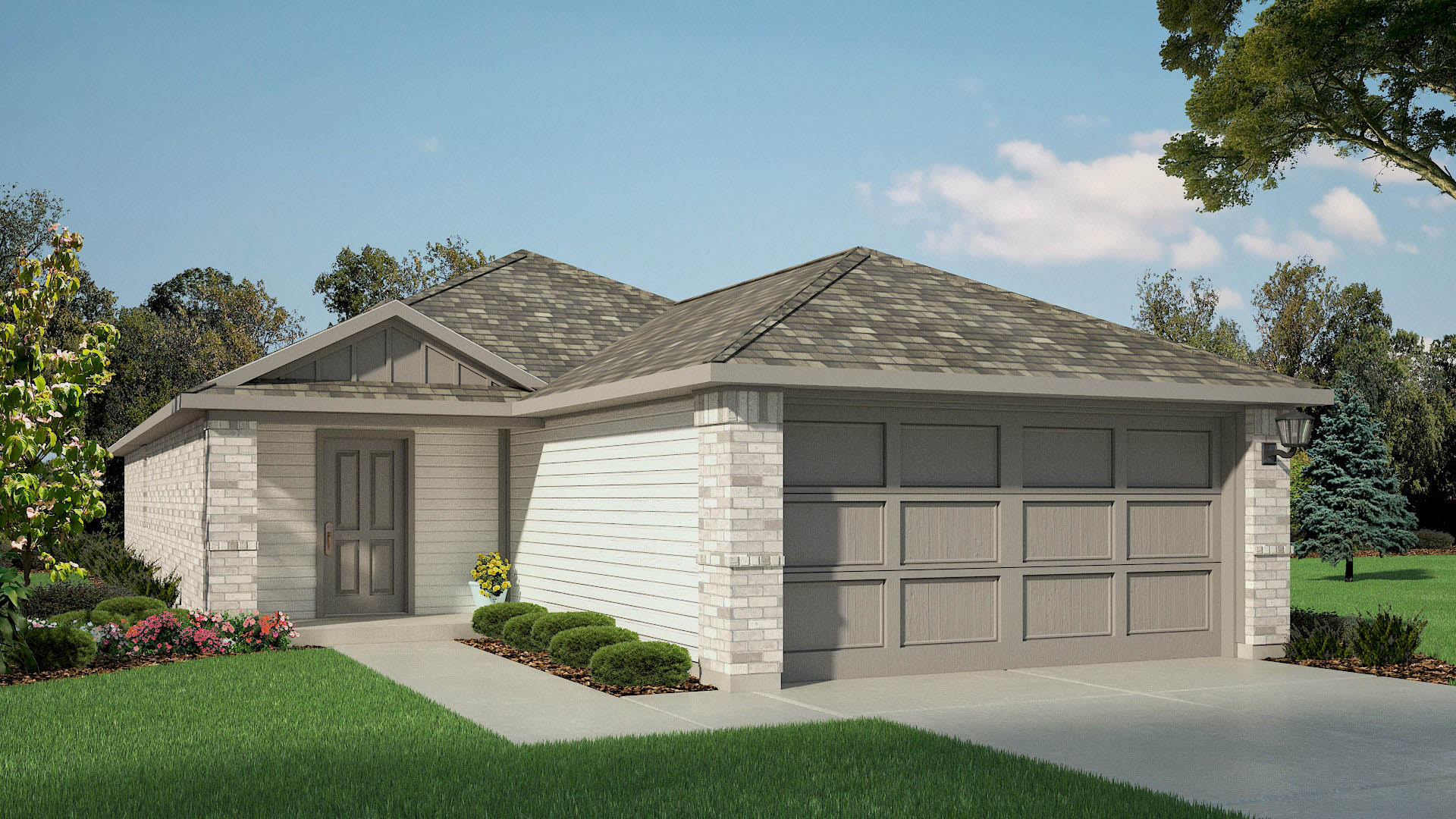Exterior rendering of single story modern brick style home