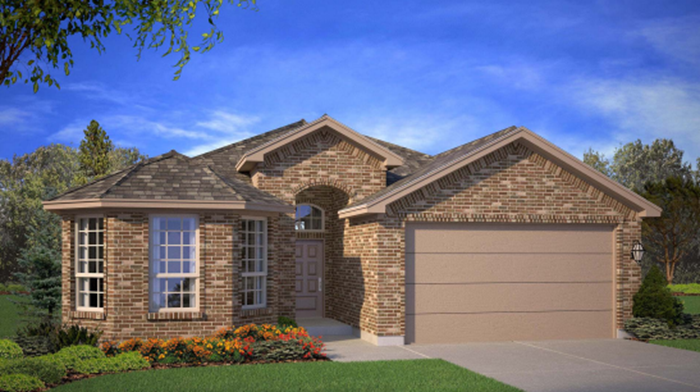 Single- story home with brick, covered patio and two car garage
