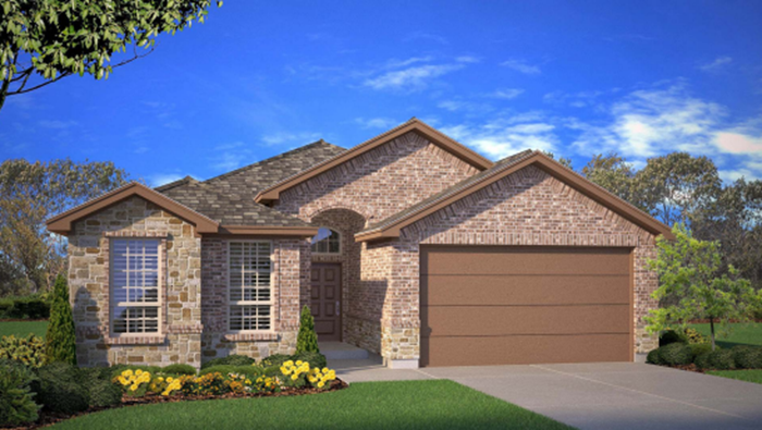 Single- story home with brick, stone, covered patio and two car garage