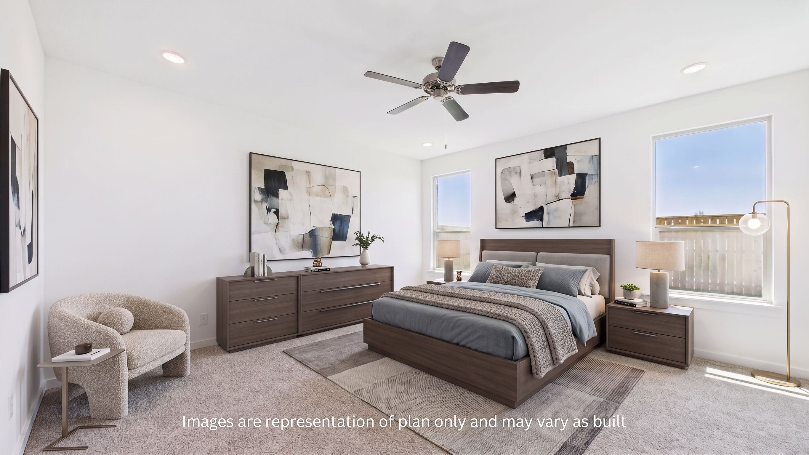 Masterbedroom with double windows and attached private bathroom and walkin closet