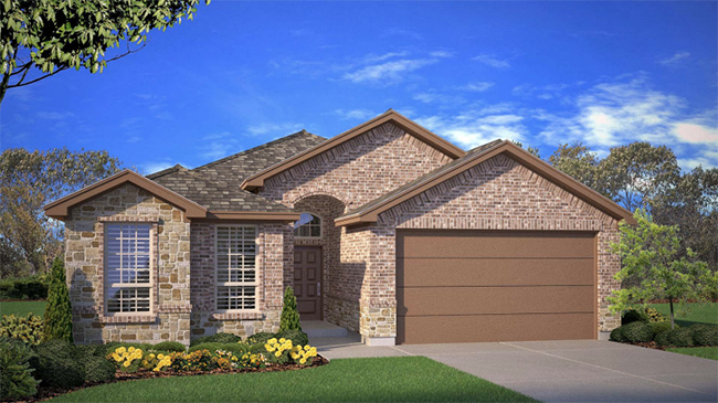 Single- story home with brick, stone, covered patio and two car garage