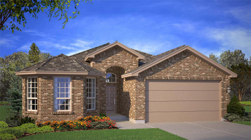 Single story home with brick, covered patio and two car garage