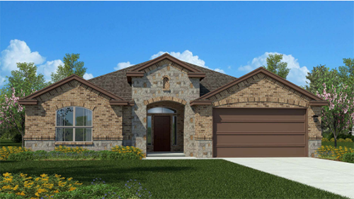 Single story home with brick, covered patio and two car garage