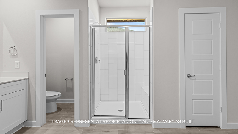 primary bathroom with walk in shower attached closet and separate thrown room