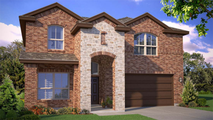 Single- story home with brick, stone, covered patio and two car garage