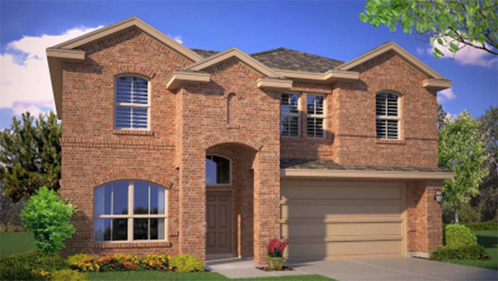 Single story home with brick, covered patio and two car garage