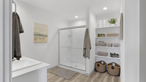 Large shower and shelves for storage in bathroom