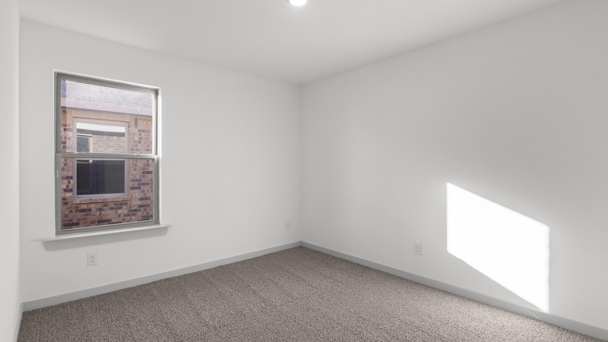 Guest bedroom with plush carpet, window and white interior