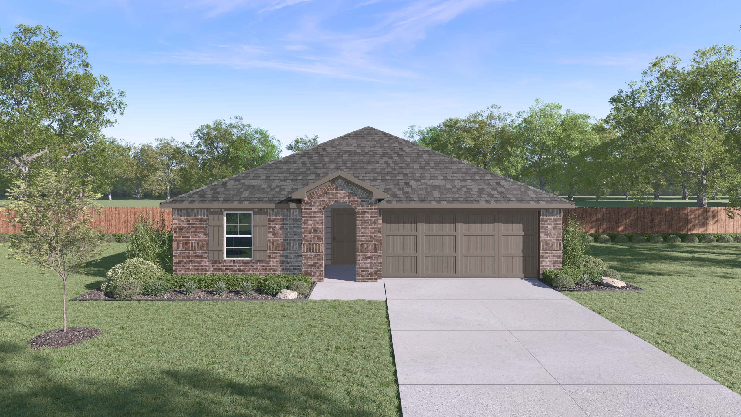 Single story home with brick, covered patio with 2 car garage