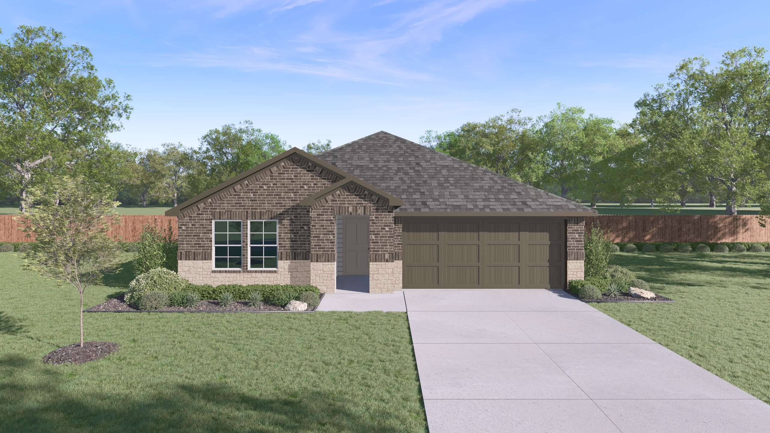 Single story home with brick, stone, covered patio with 2 car garage