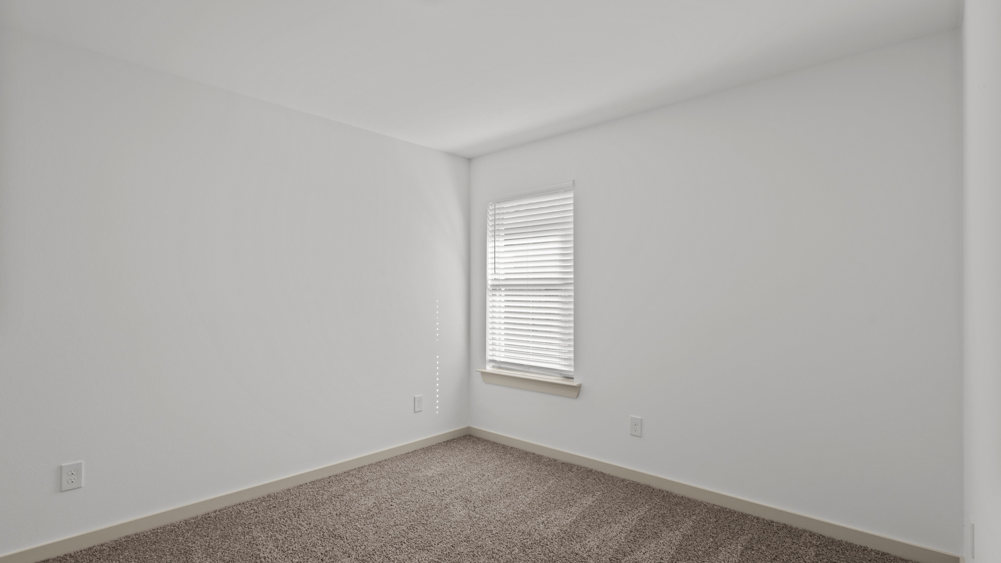 Guest bedroom with plush carpet, window and white interior
