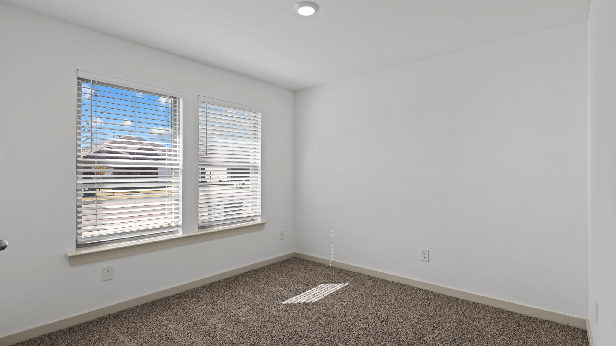 secondary bedroom with dual windows, plush carpet and white interior