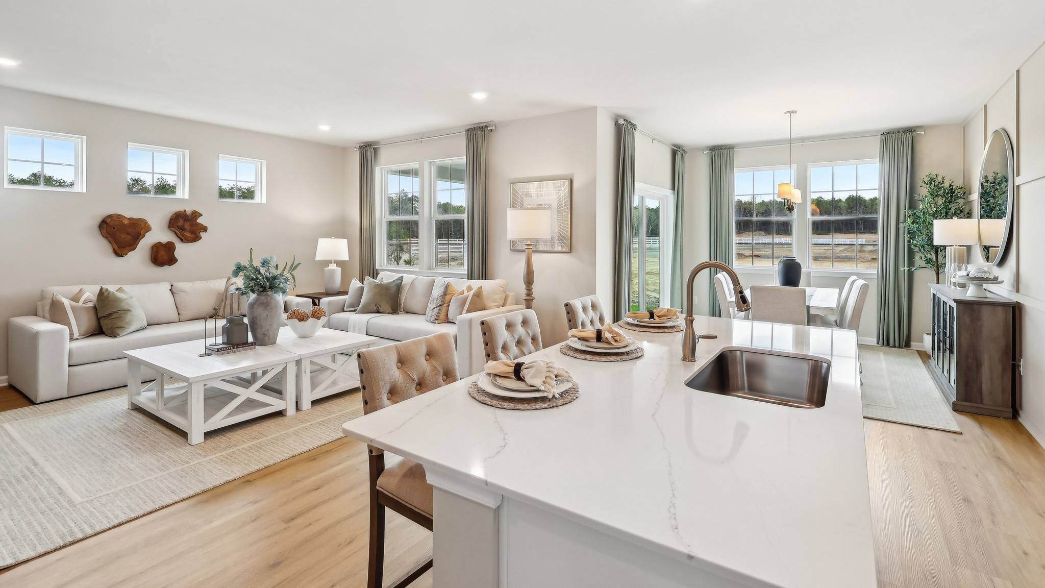 large kitchen island and open concept living room