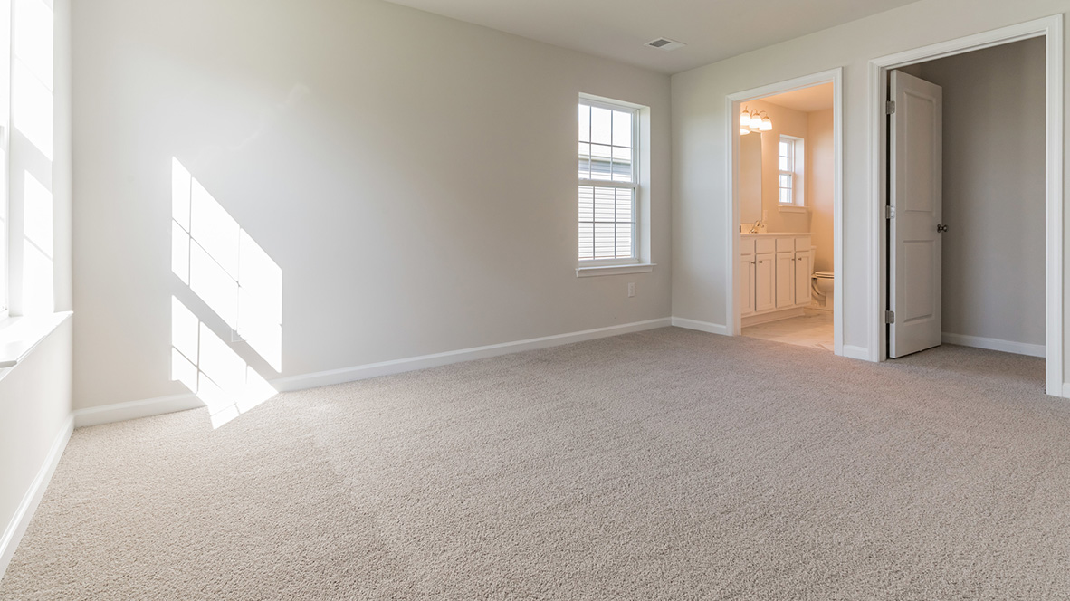 bedroom with beige carpet