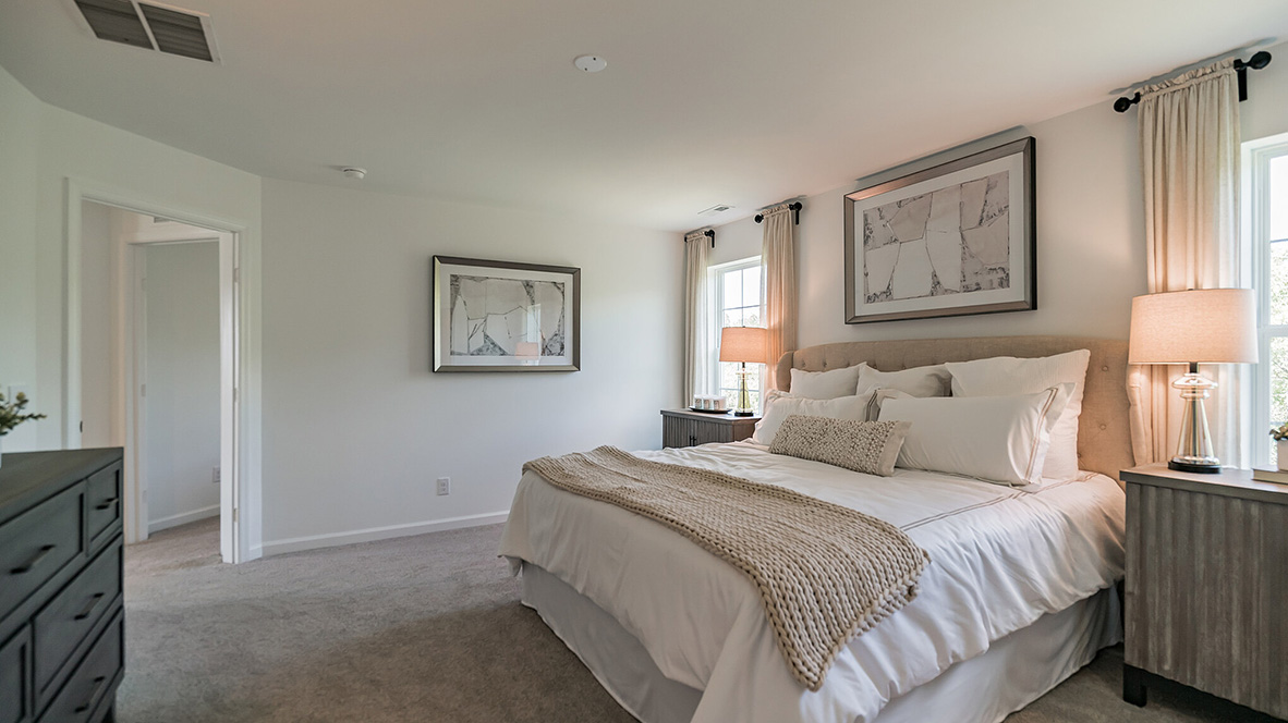 primary bedroom with walk in closet and full bath