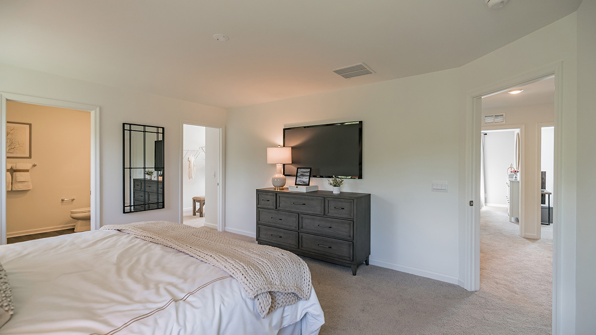 primary bedroom with walk in closet and full bath