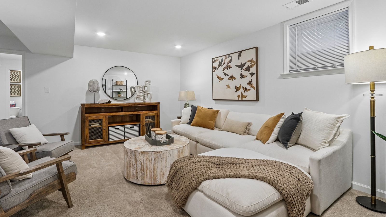 downstairs finished basement with modern design and full bath