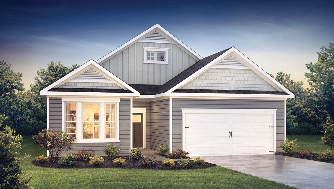 Exterior of two-story gray house with white two car garage.