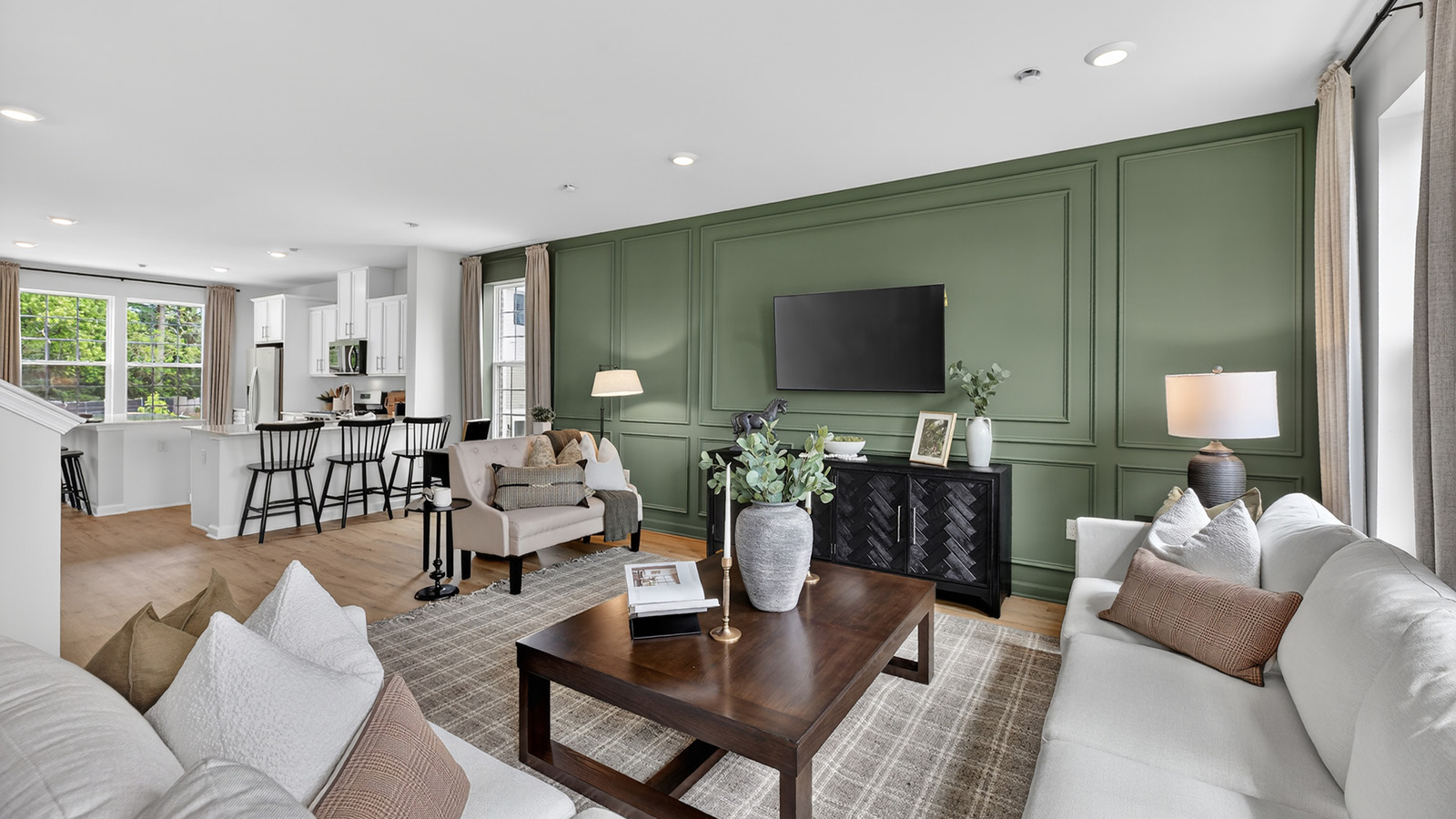 Elmore model main floor living with mid century modern design