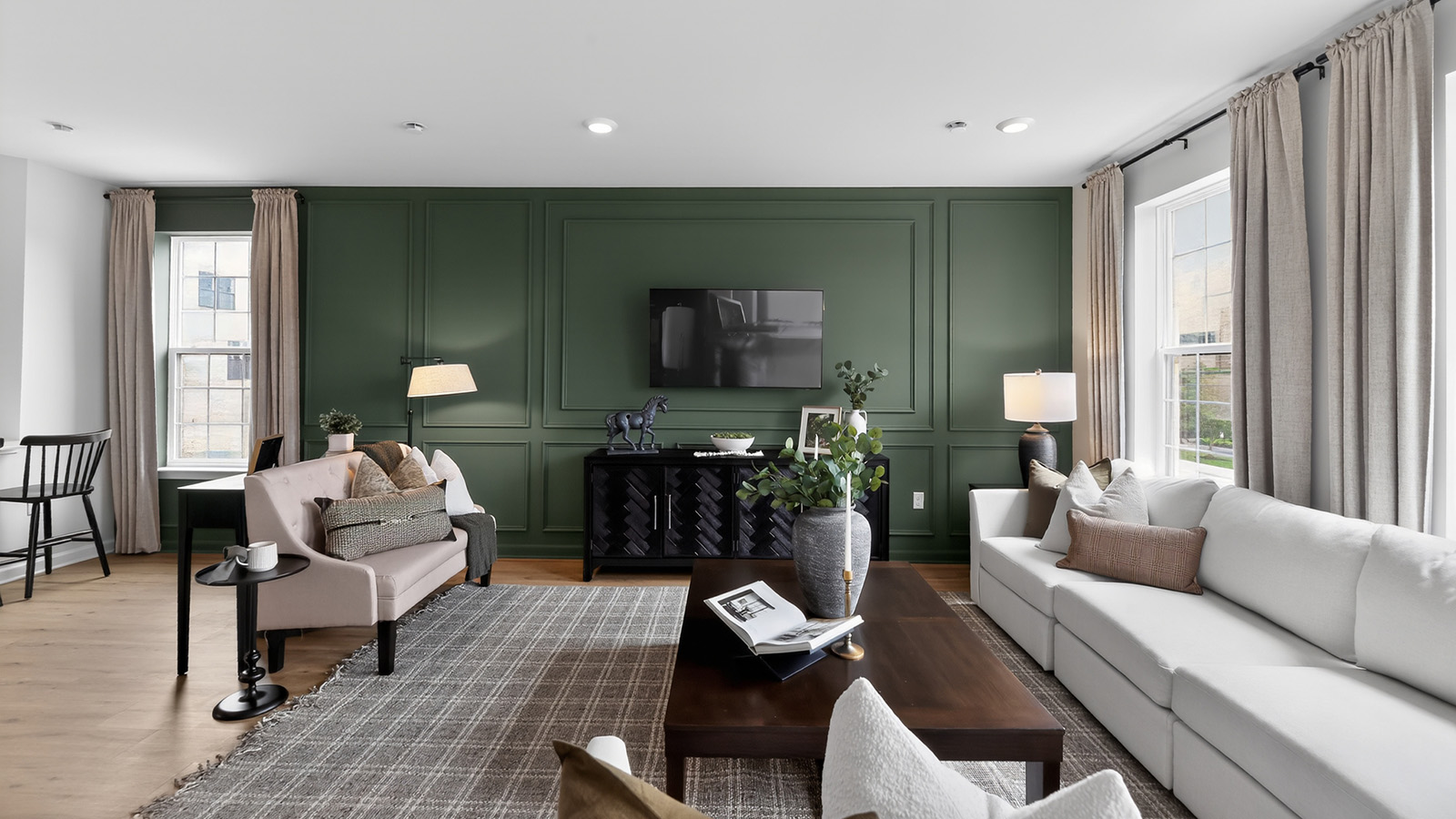 Elmore model main floor living with mid century modern design