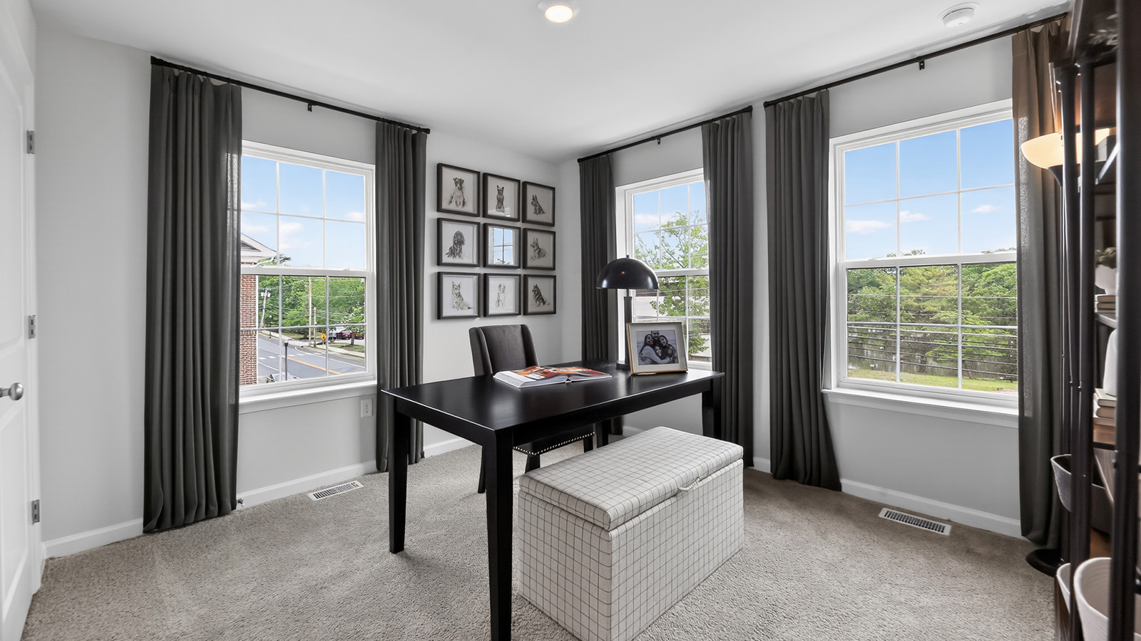 Elmore model mid century modern office or bedroom space with large windows