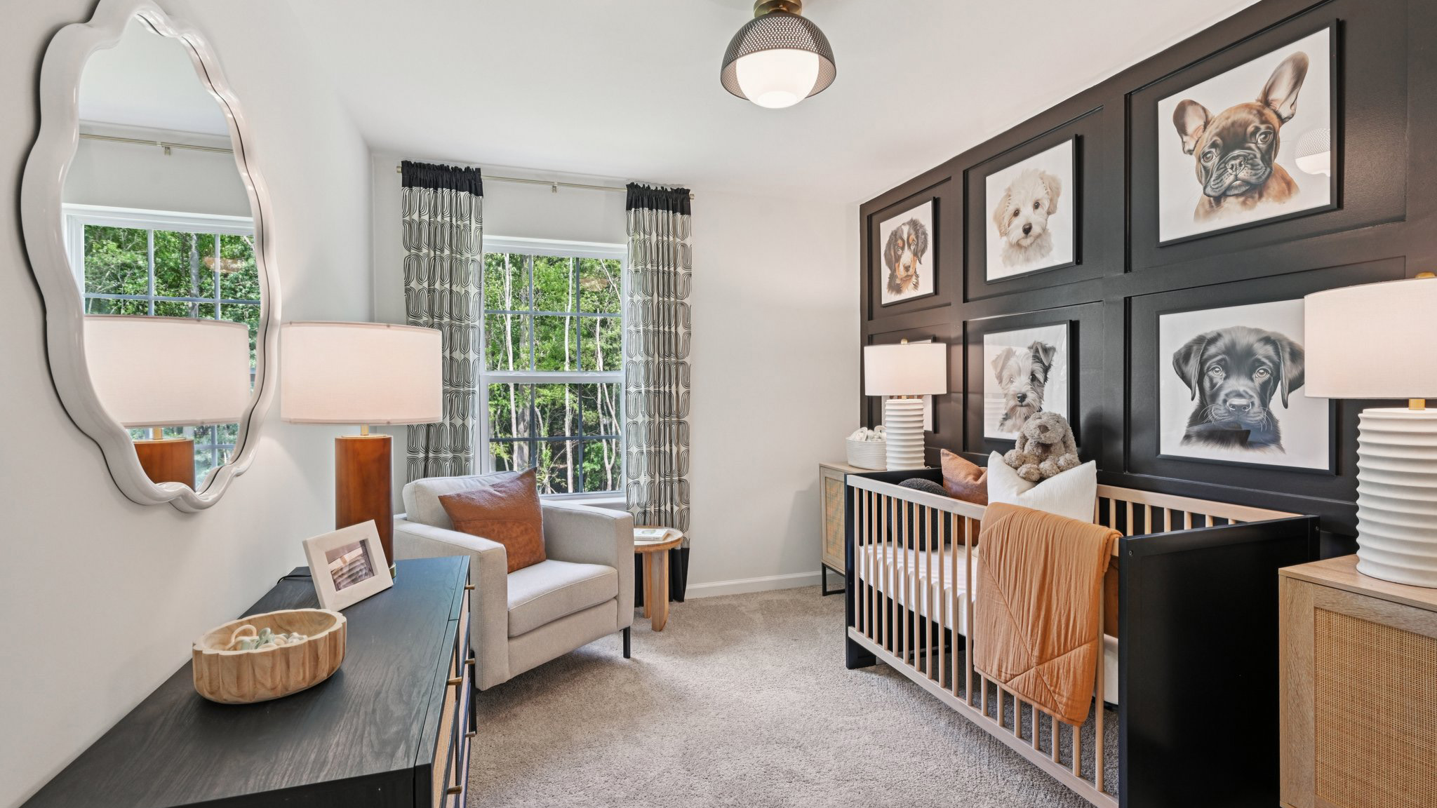 modern nursery design with pet portaits and moody coloring