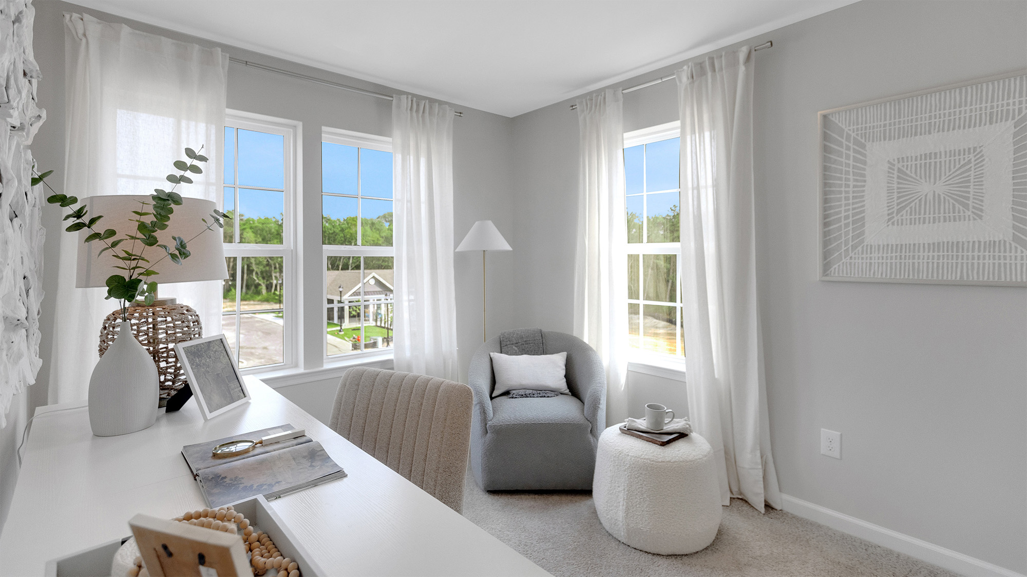 office or bedroom space with large windows and modern design