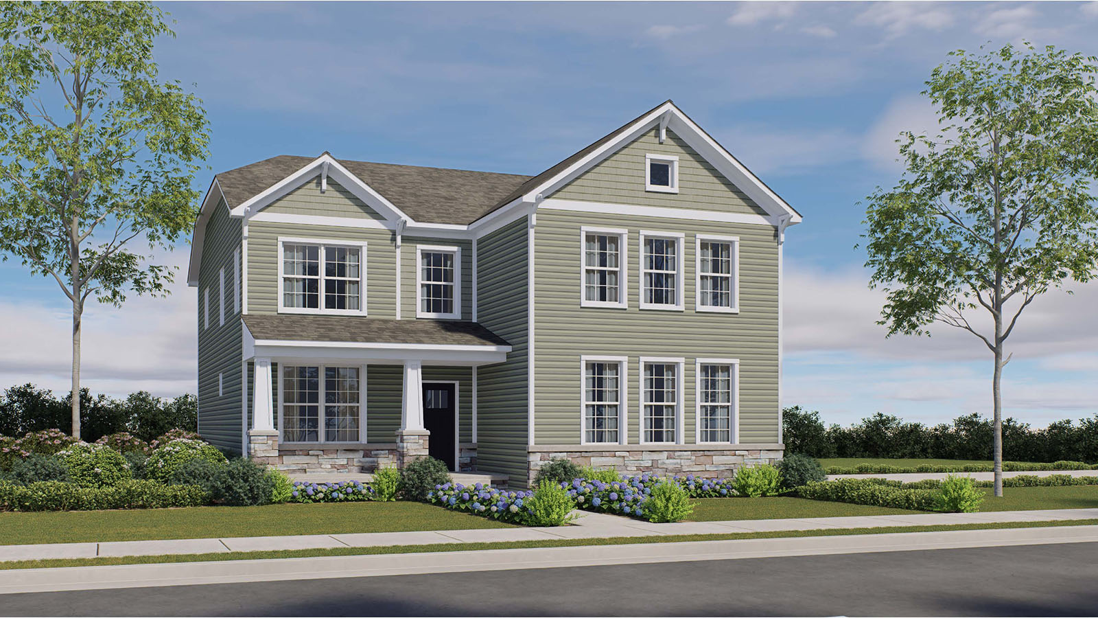 exterior rendering of a montlcer model in hammonton, with tree moss green siding