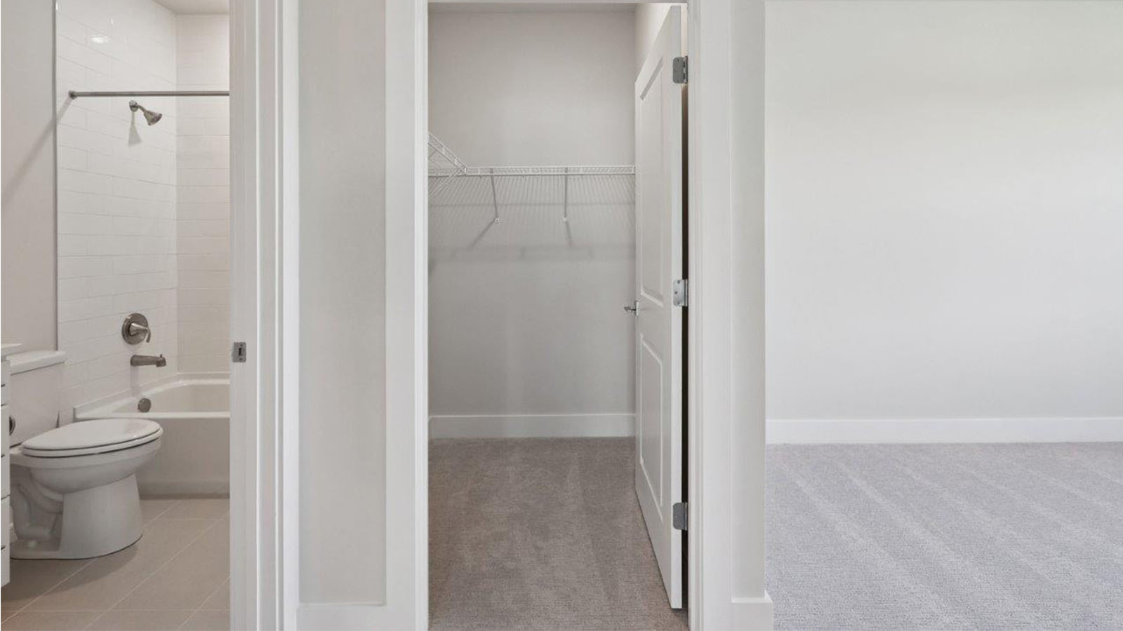 bedroom, closet, and bathroom