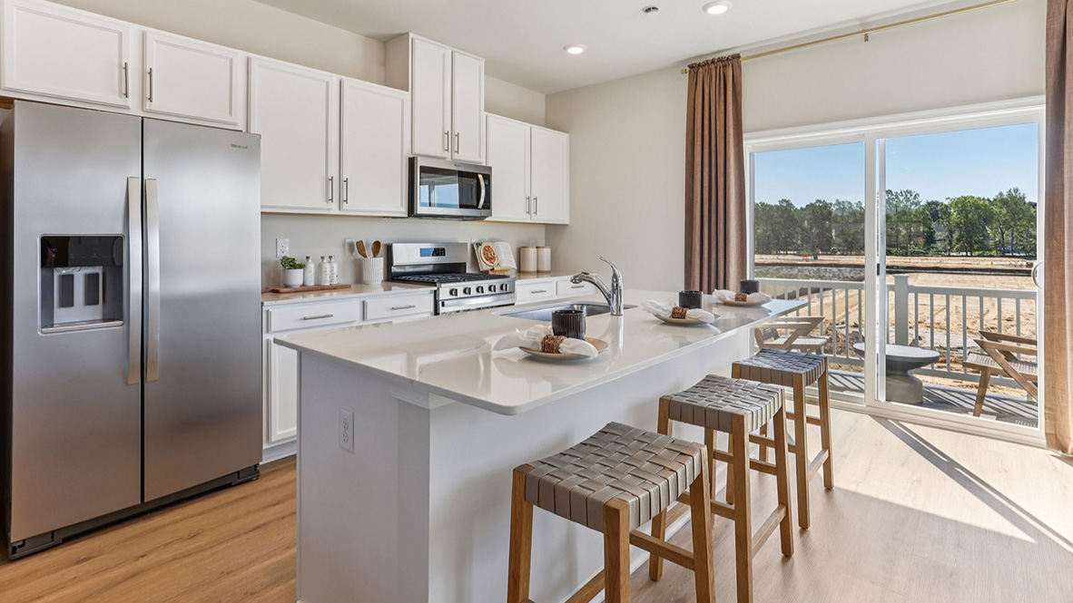 spacious kitchen island on the second floor