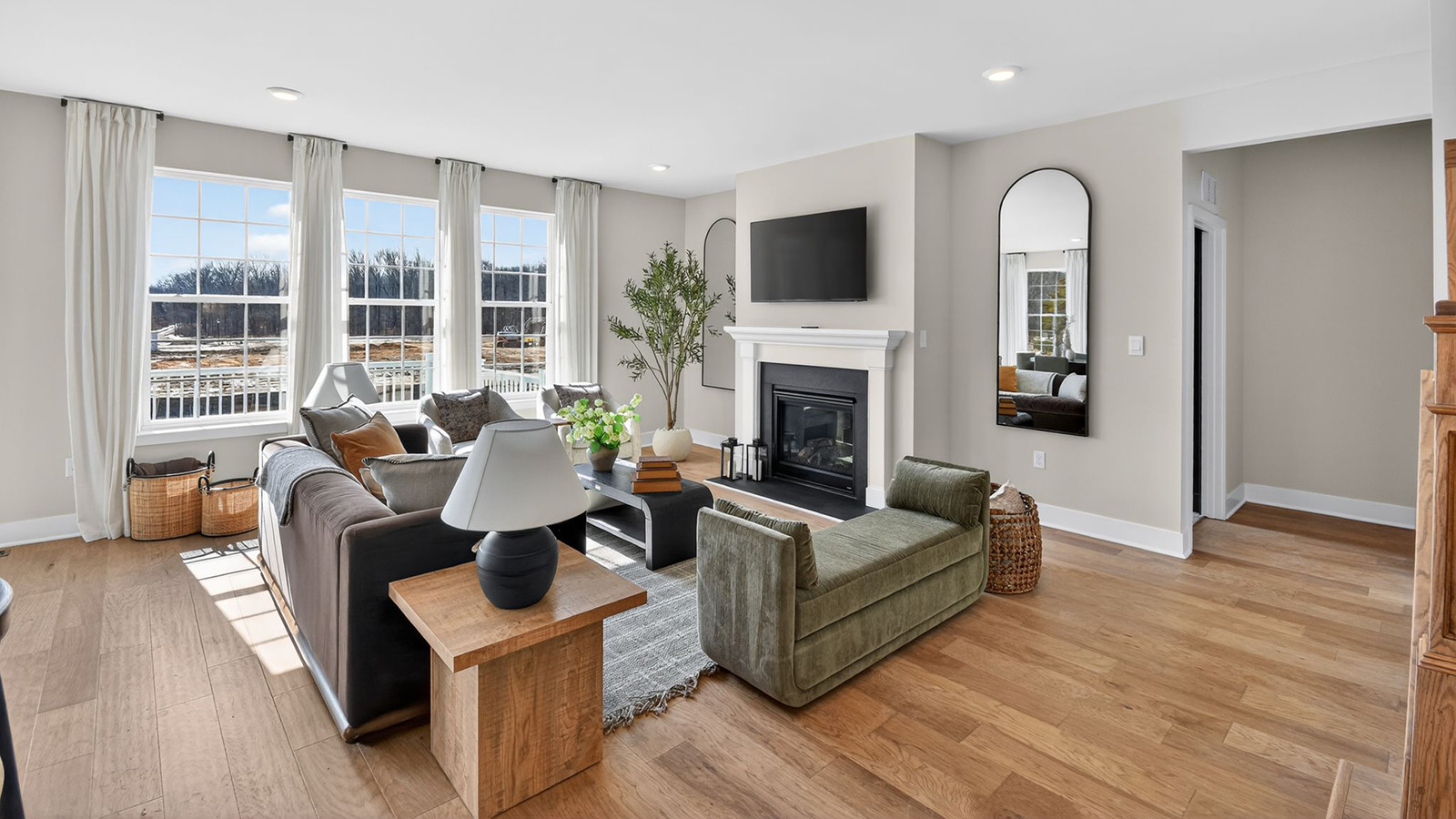 open concept living room and large kitchen island
