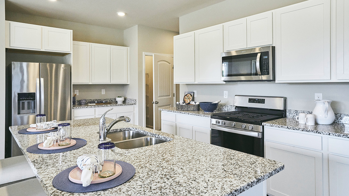 The home's well-designed kitchen features stainless steel appliances.