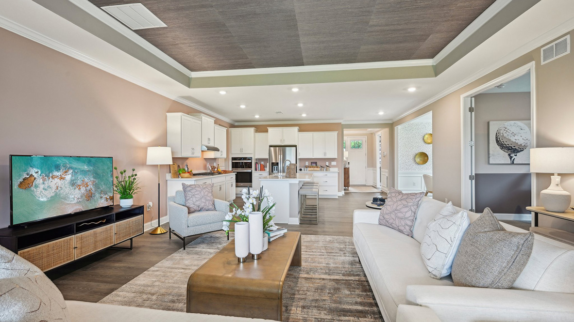 This home has an open concept kitchen and living area.