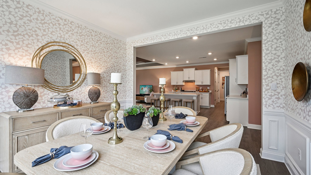 The dining room flows nicely into the living space.